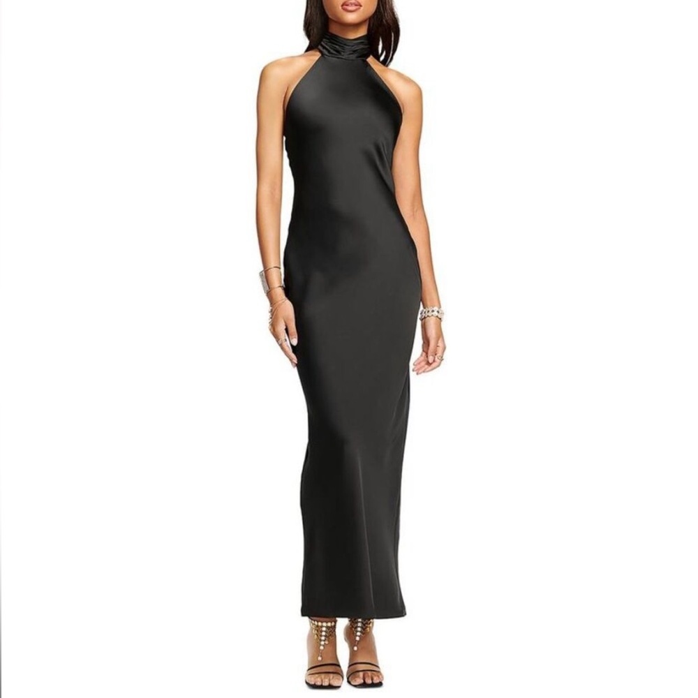 Ramy Brook Tatiana High Halter Neck Black Satin Maxi Dress Gown Evening Size 8